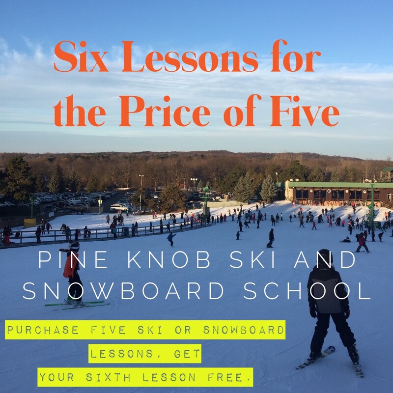 Picture of a sunset from the top of the Pine Knob hill with snow on the ground. Text indicates that guests may purchase six lessons for the price of five.